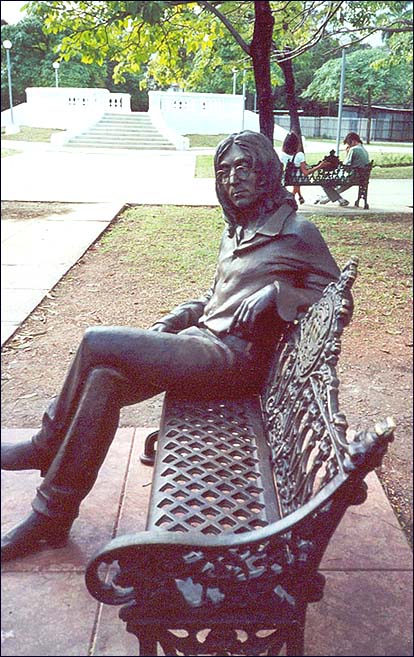 The John Lennon statue in Havana, Cuba. The former Beatle and world-famous rock star seems to be enjoying a lovely day in the park...waiting perhaps for a fan or two to join him?