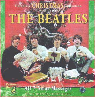 Beatles Complete Christmas Collection: The cover of this bootleg collection of Christmas messages from the Mop Tops features the boys sitting in front of a Christmas tree.