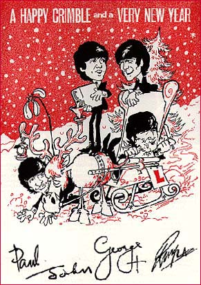 Happy Crimble Beatles Cartoon as seen on an early Christmas greeting to their fans.