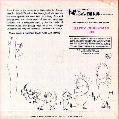 Beatles Christmas 1969: Back of the Beatles Christmas greeting to their fans for 1969. Artwork by Richard and Zak Starkey (Ringo Starr and his son).