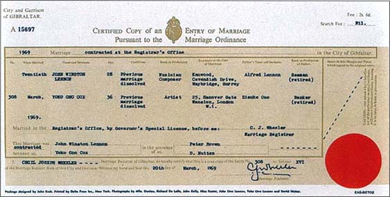 John and Yoko's marriage license